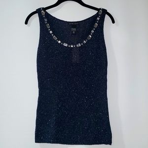 New York & Company XS Sapphire Knitted Rhinestone Neck Line Sleeveless Shirt